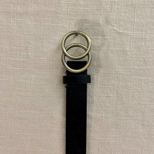 Women's Gold Double Circle O-Ring Black Faux Leather Buckle Belt Size Small
